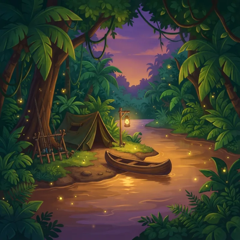 Ilustração em estilo de jogo: acampamento na beira do rio ao entardecer, com barraca, canoa, varas de pesca e lampião aceso