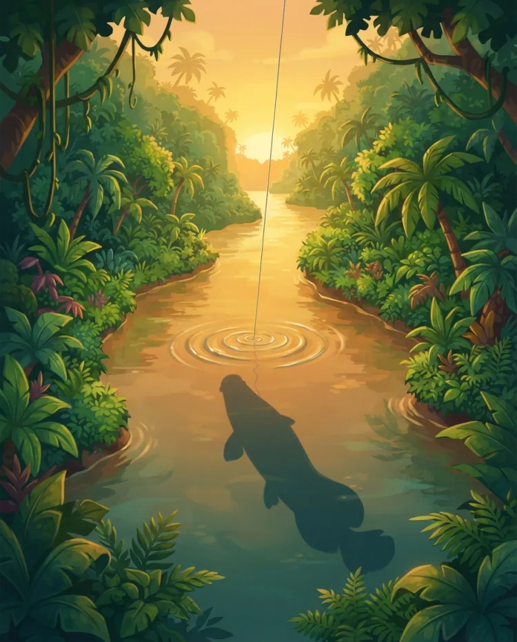 Ilustração em estilo de jogo: rio tropical entre paredões de mata, com a linha de pesca entrando na água em direção à silhueta de um peixe grande